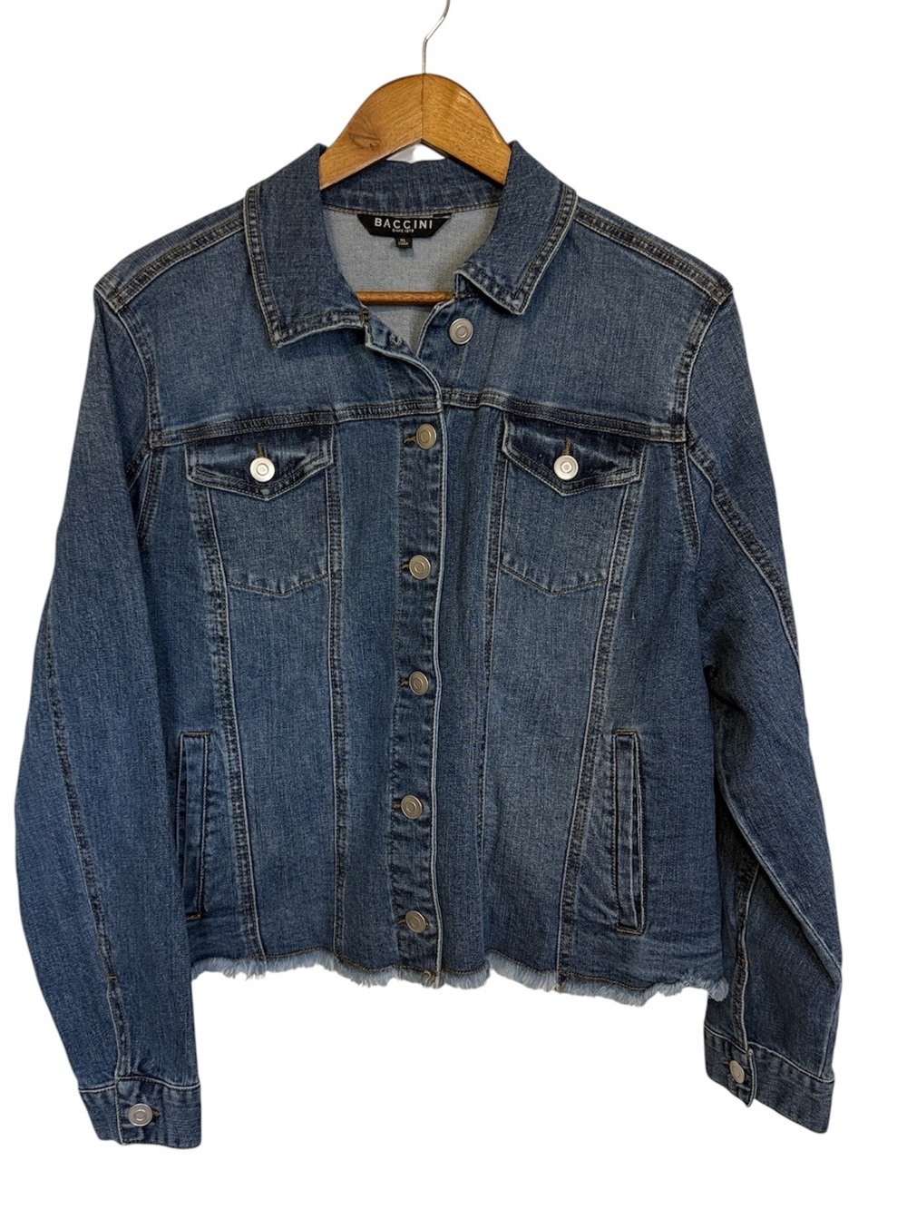 Baccini Denim Jean Jacket Medium Blue Wash 4 Pocket XL Frayed Hem